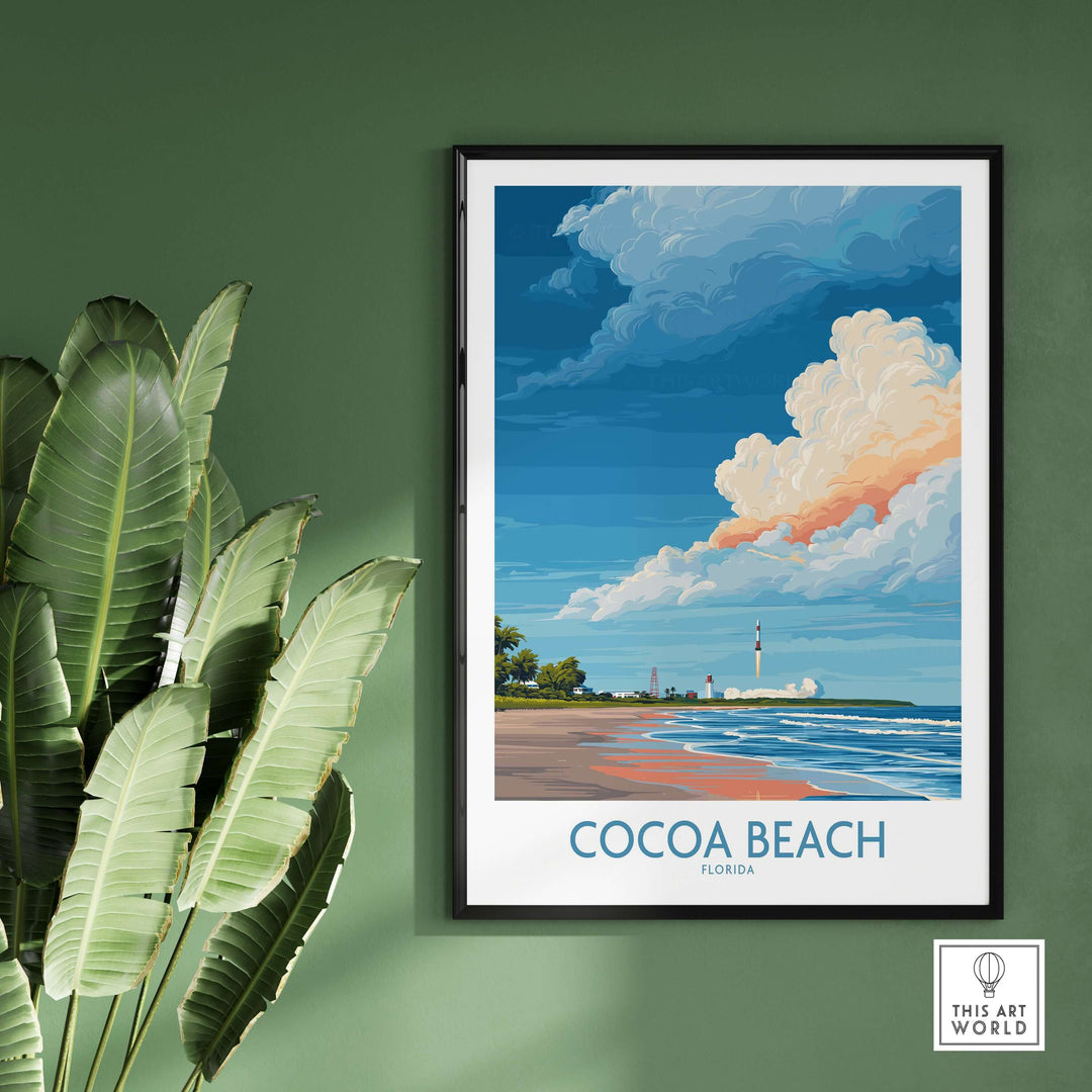 Cocoa Beach Kennedy Space Center poster featuring beach view and colorful clouds, perfect wall art decor for Florida lovers.