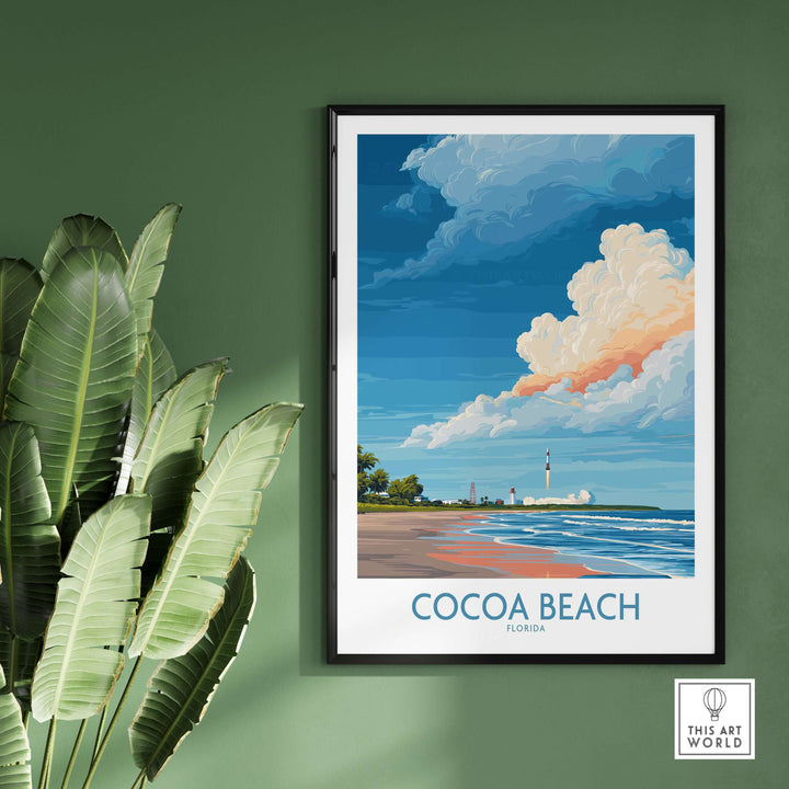 Cocoa Beach Kennedy Space Center poster featuring beach view and colorful clouds, perfect wall art decor for Florida lovers.