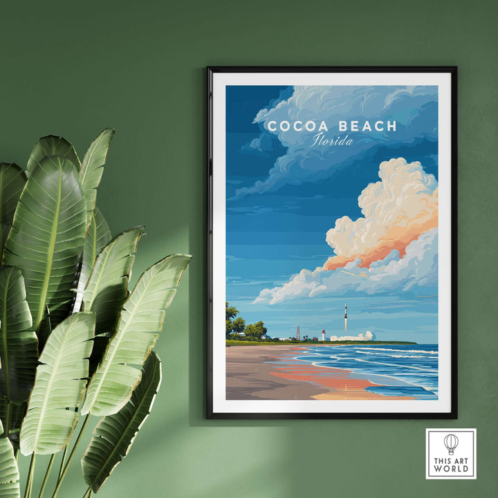 Cocoa Beach Florida rocket launch print featuring vibrant beach and sky scene, framed wall art for space enthusiasts.