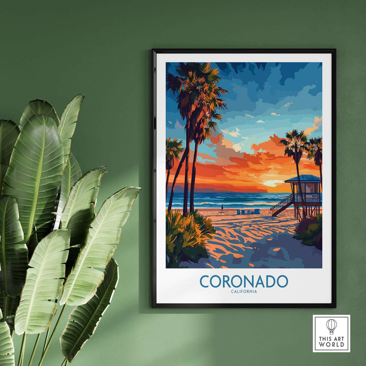 Coronado Print California showcasing vibrant beach scene with sunset and palm trees, perfect for home decor.