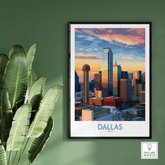 Dallas Texas Sunset Wall Art - Modern City Travel Decor showcasing a colorful skyline with vibrant hues and city elements.