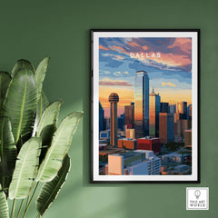 Dallas Texas Reunion Tower Skyline Poster - Downtown Cityscape Print displayed in modern decor setting with green background.