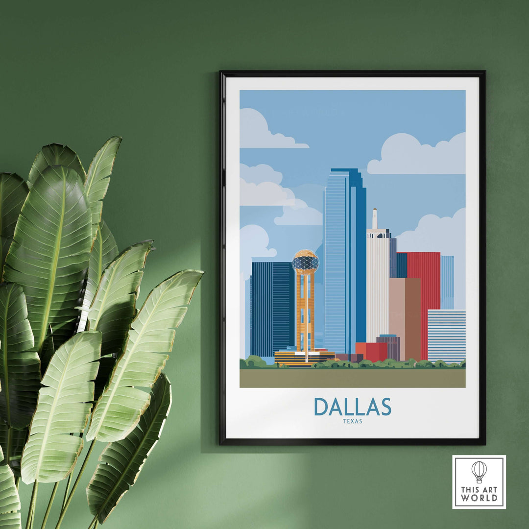 Dallas Cityscape Poster showcasing a vibrant skyline of Dallas, Texas, framed on a green wall, perfect for urban decor.