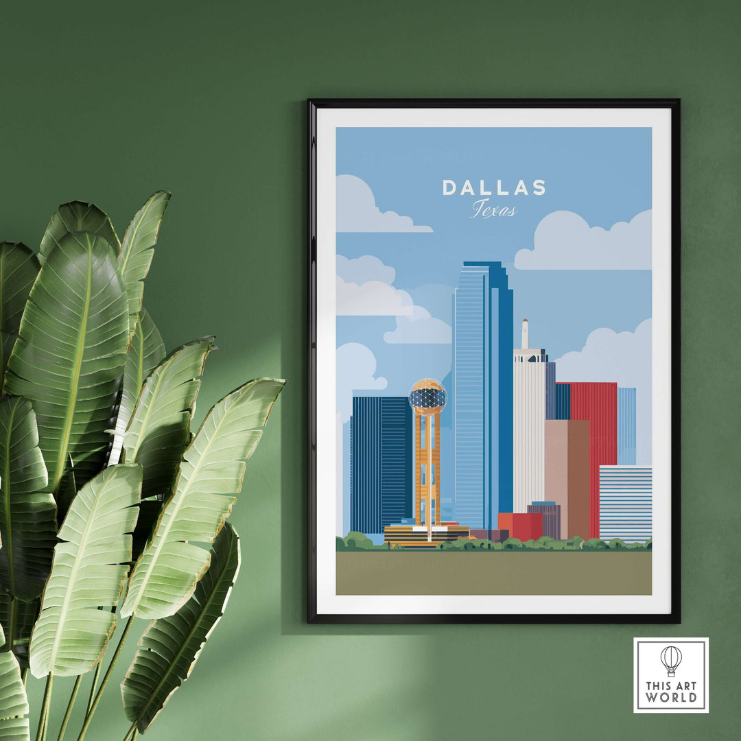 Dallas Texas skyline print featuring Reunion Tower, framed artwork on a green wall with plants.