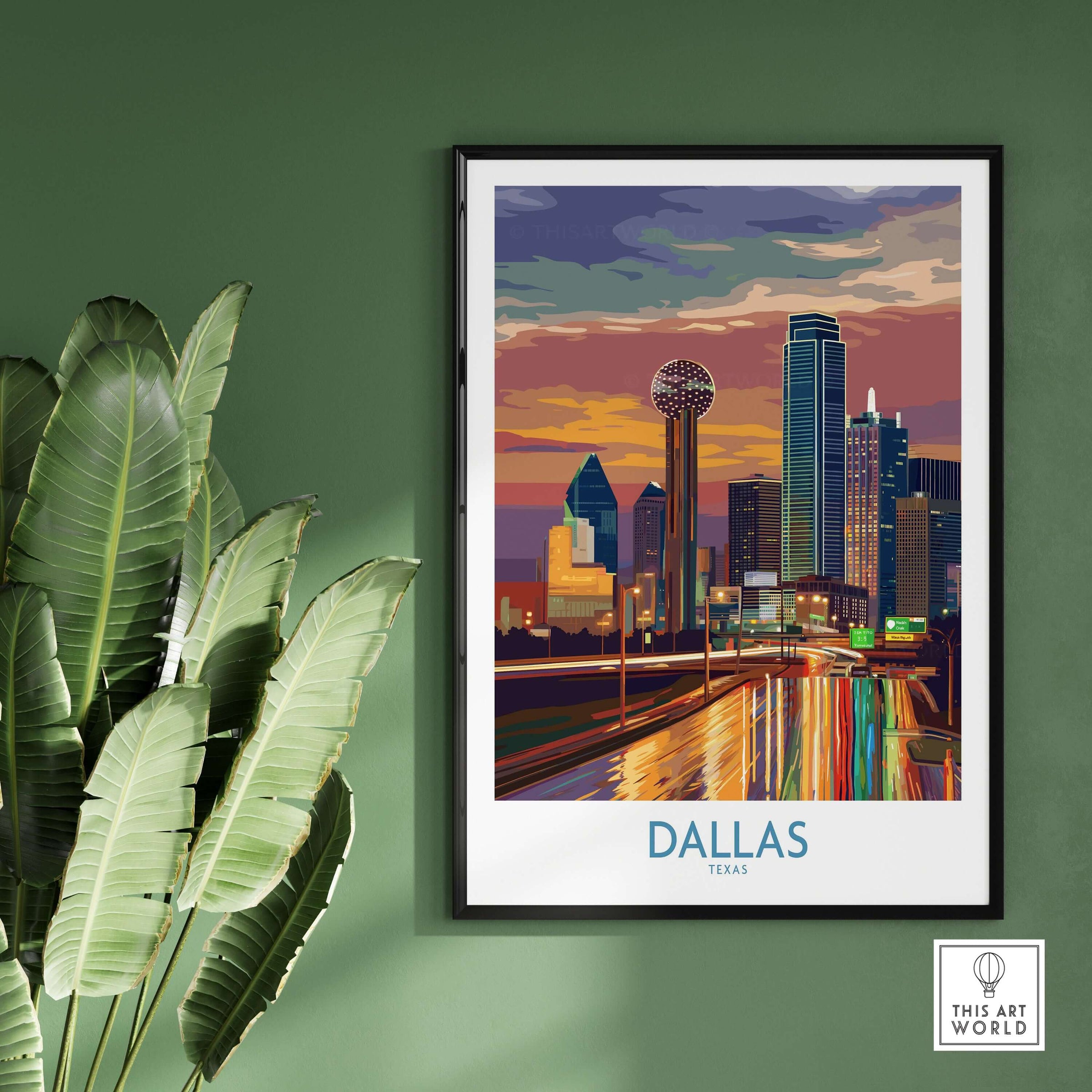 Dallas Downtown at Dusk Wall Art - Texas Urban Decor on a green wall with plants.