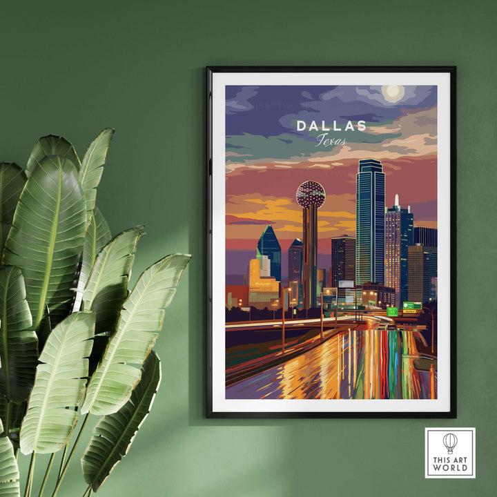 Dallas Texas illuminated skyline poster showcasing vibrant highway night lights and cityscape.