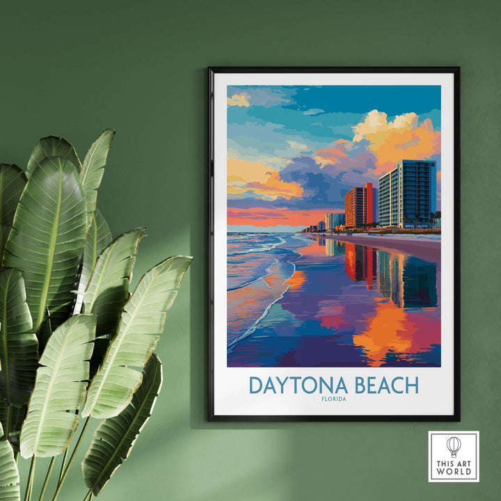 Daytona Beach Florida Oceanfront Reflections Poster showcasing colorful sunset and reflections on the water.