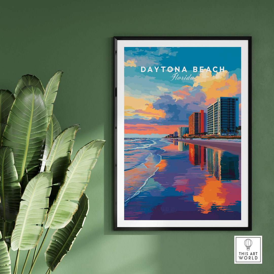 Daytona Beach sunset skyline print featuring colorful cityscape reflections on the beachfront.
