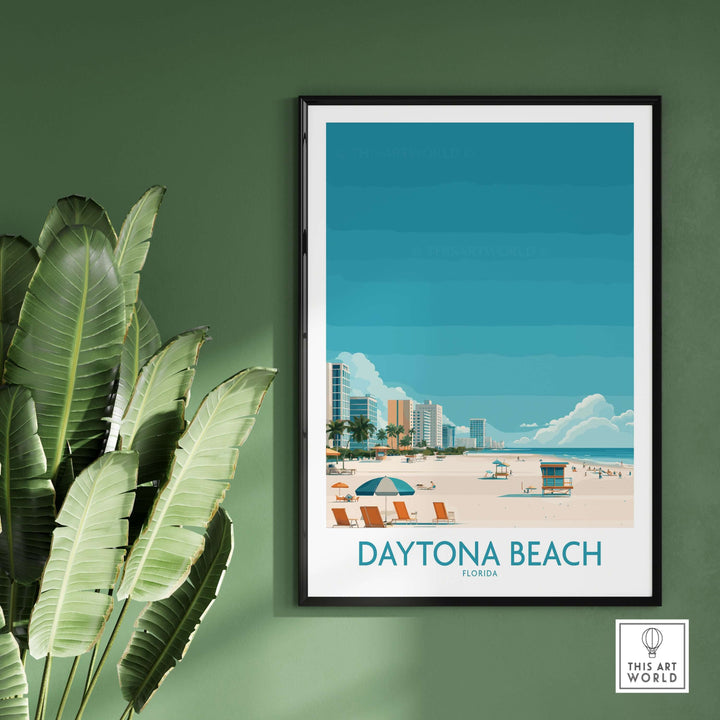 Daytona Beach Tropical Beachfront Poster showcasing sunny shores and tropical vibes, perfect for vacation decor.