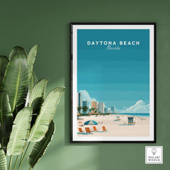 Daytona Beach Florida Lifeguard Station Print - Sunny Beach Wall Art showcasing a vibrant beach scene with palm leaves.