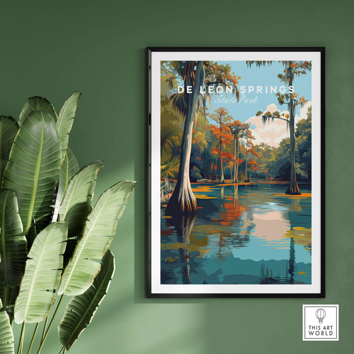 De Leon Springs poster showcasing serene Florida State Park scenery with vibrant greenery and calm waters.