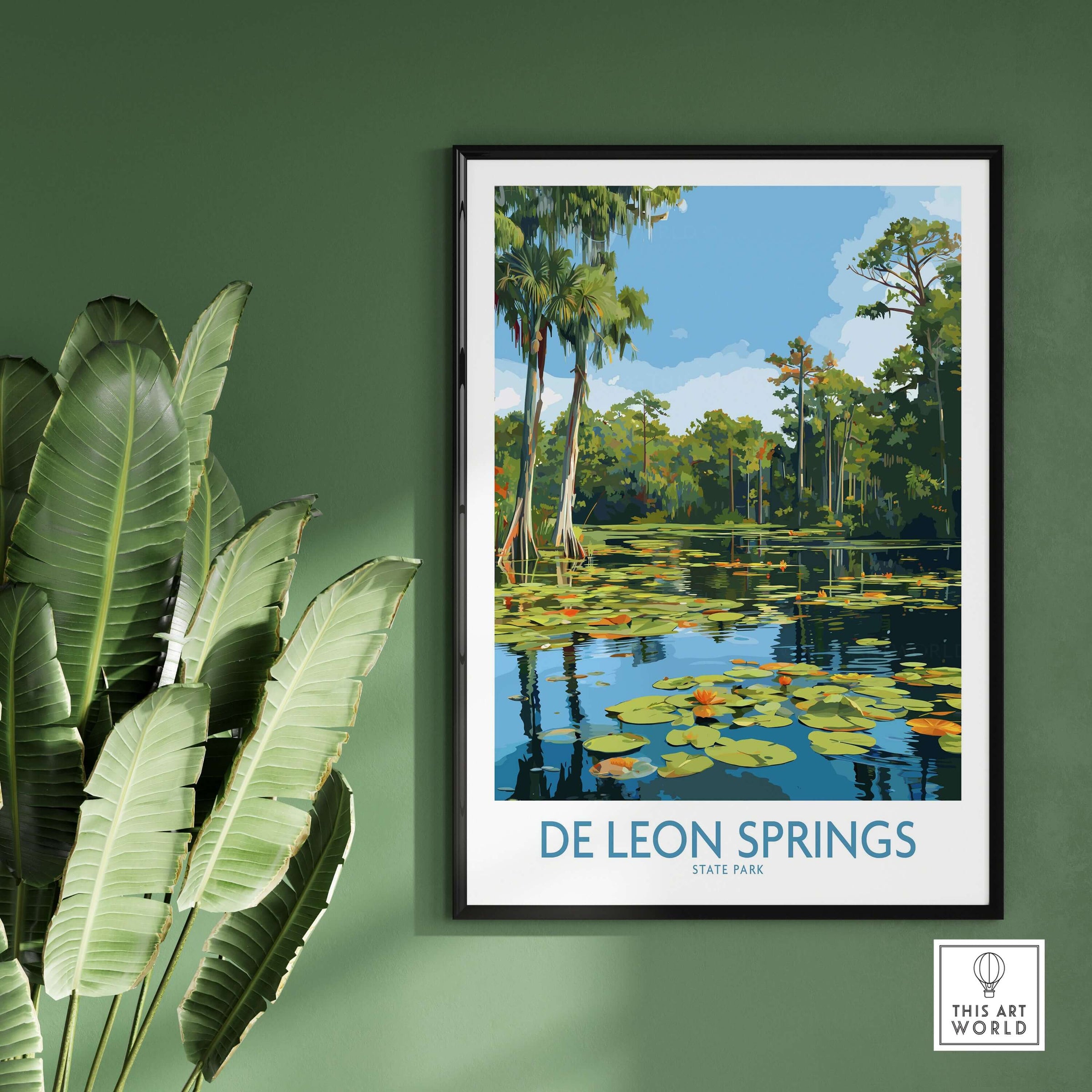 De Leon Springs Florida Green Lily Pond Poster - Florida State Park Decor framed on a green wall with tropical plants.