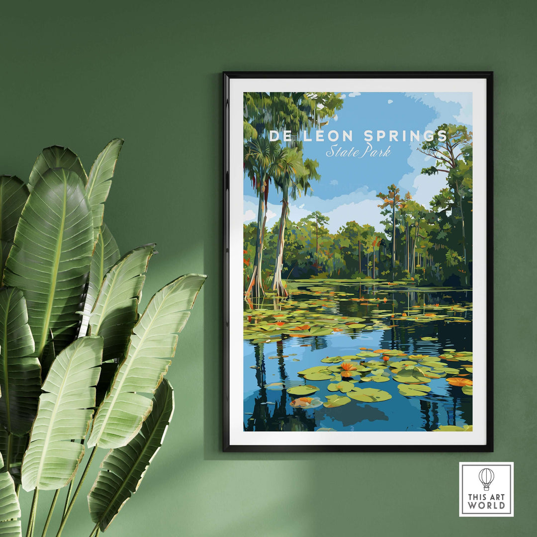 De Leon Springs State Park wall art featuring vibrant lily pads and lush greenery, perfect for nature lovers.