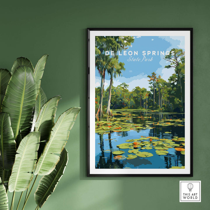De Leon Springs State Park wall art featuring vibrant lily pads and lush greenery, perfect for nature lovers.