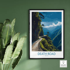 Death Road Bolivia Mountain Art Print | Yungas Camino Poster featuring a scenic view of the famous road framed on a wall.