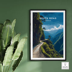 Death Road Print | South America Adventure Decor | Yungas Road Poster showcased in a vibrant green room.