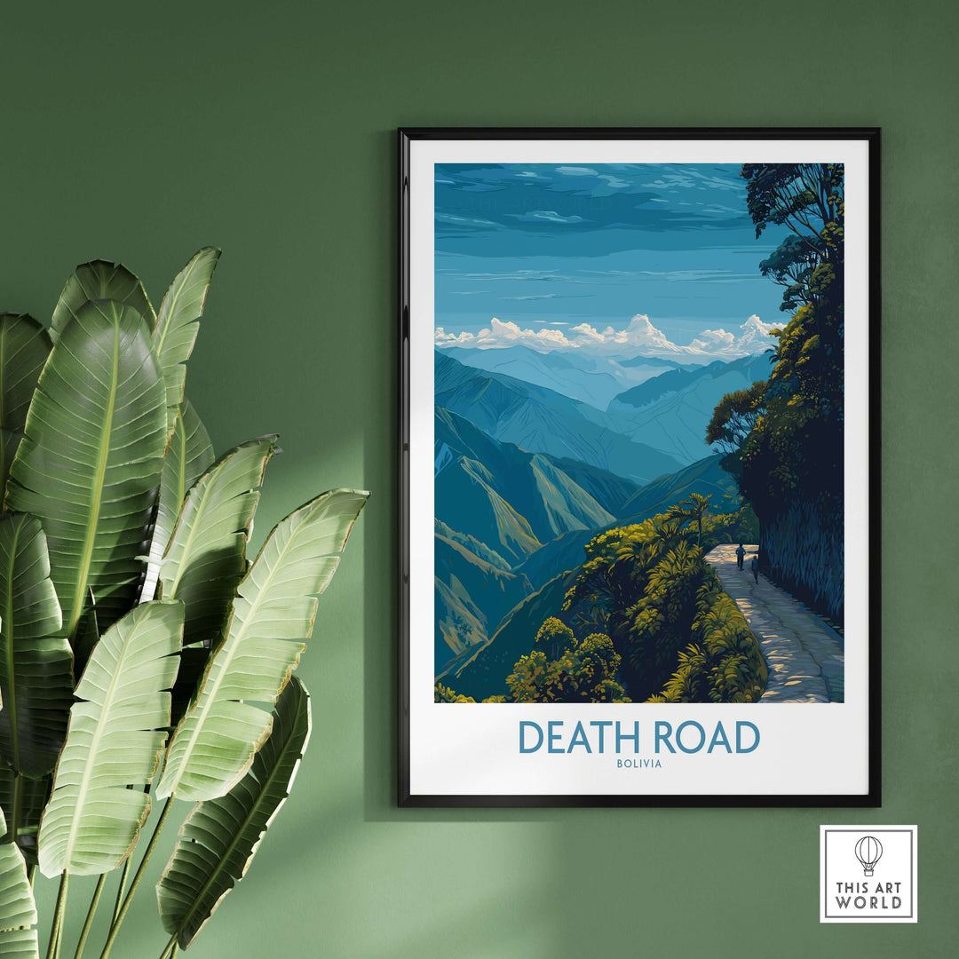 Death Road Bolivia Hiking Trail Art Print | Camino de la Mortes Poster framed and displayed on a green wall with plants.