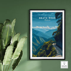Death Road Yungas Adventure Scenic Print | Bolivian Travel Wall Decor in a framed artwork on a green wall.