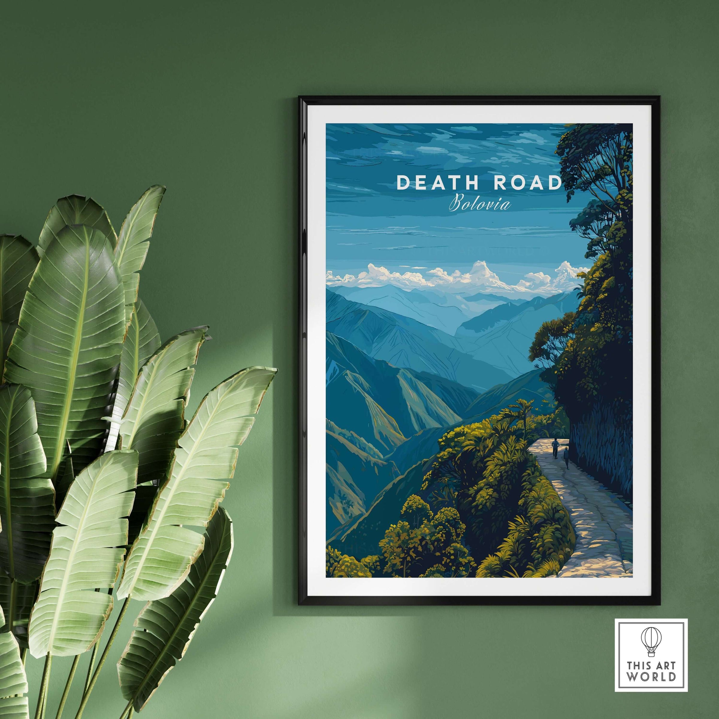 Death Road Yungas Adventure Scenic Print | Bolivian Travel Wall Decor in a framed artwork on a green wall.