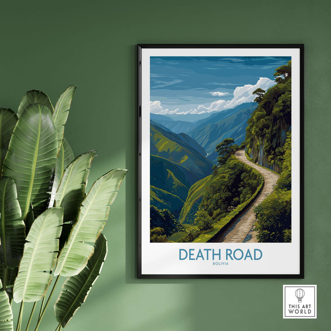 Death Road Bolivia Art Print | Yungas Road Poster showcasing lush green hills and scenic road.