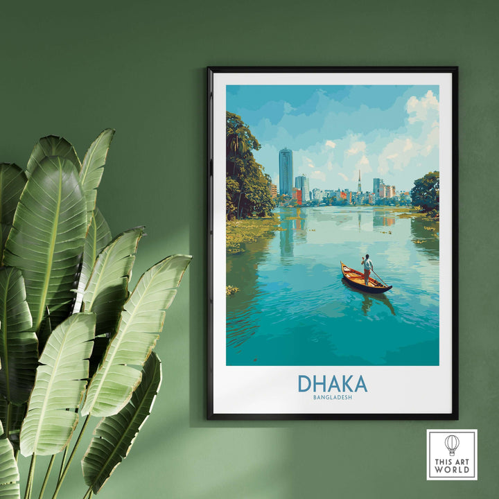 Dhaka Buriganga River poster showcasing a vibrant cityscape with a boat on the water, perfect for urban decor.