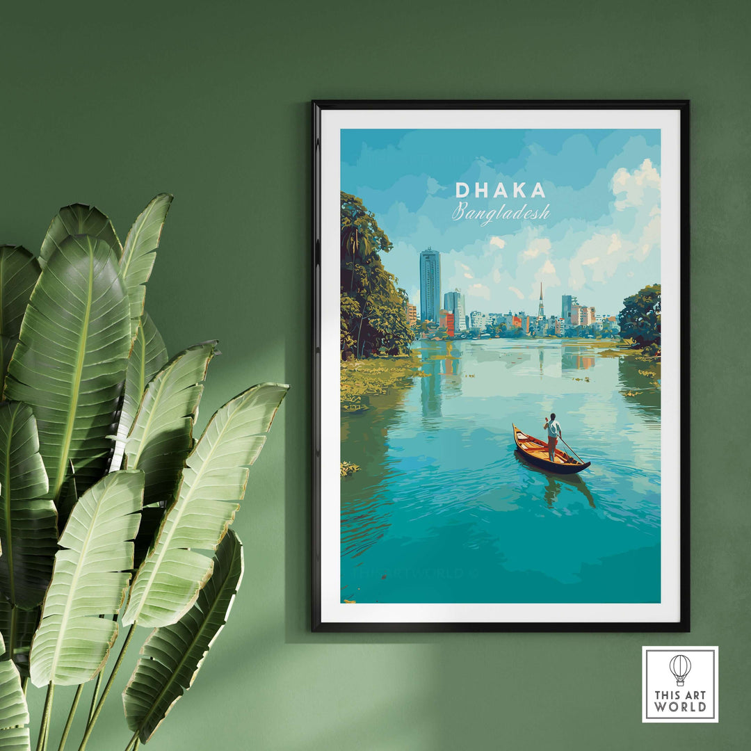Dhaka river city view poster print featuring a boat, urban skyline, and lush greenery, perfect for waterfront wall art.