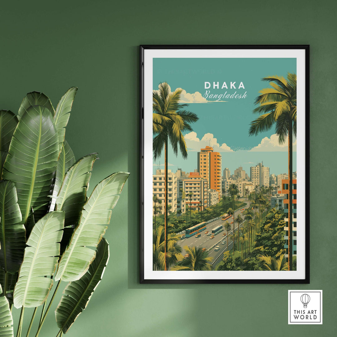 Modern Dhaka Bangladesh poster featuring vibrant city skyline and palm trees, perfect for urban decor.
