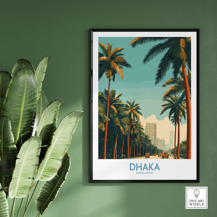 Dhaka Bangladesh travel scene poster featuring palm trees and city skyline, adding vibrant energy to home décor.
