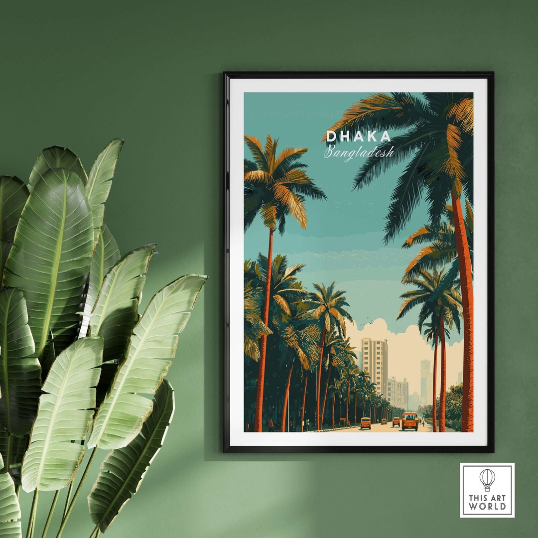 Vibrant Dhaka Bangladesh print featuring palm trees and cityscape, ideal for city life wall art.