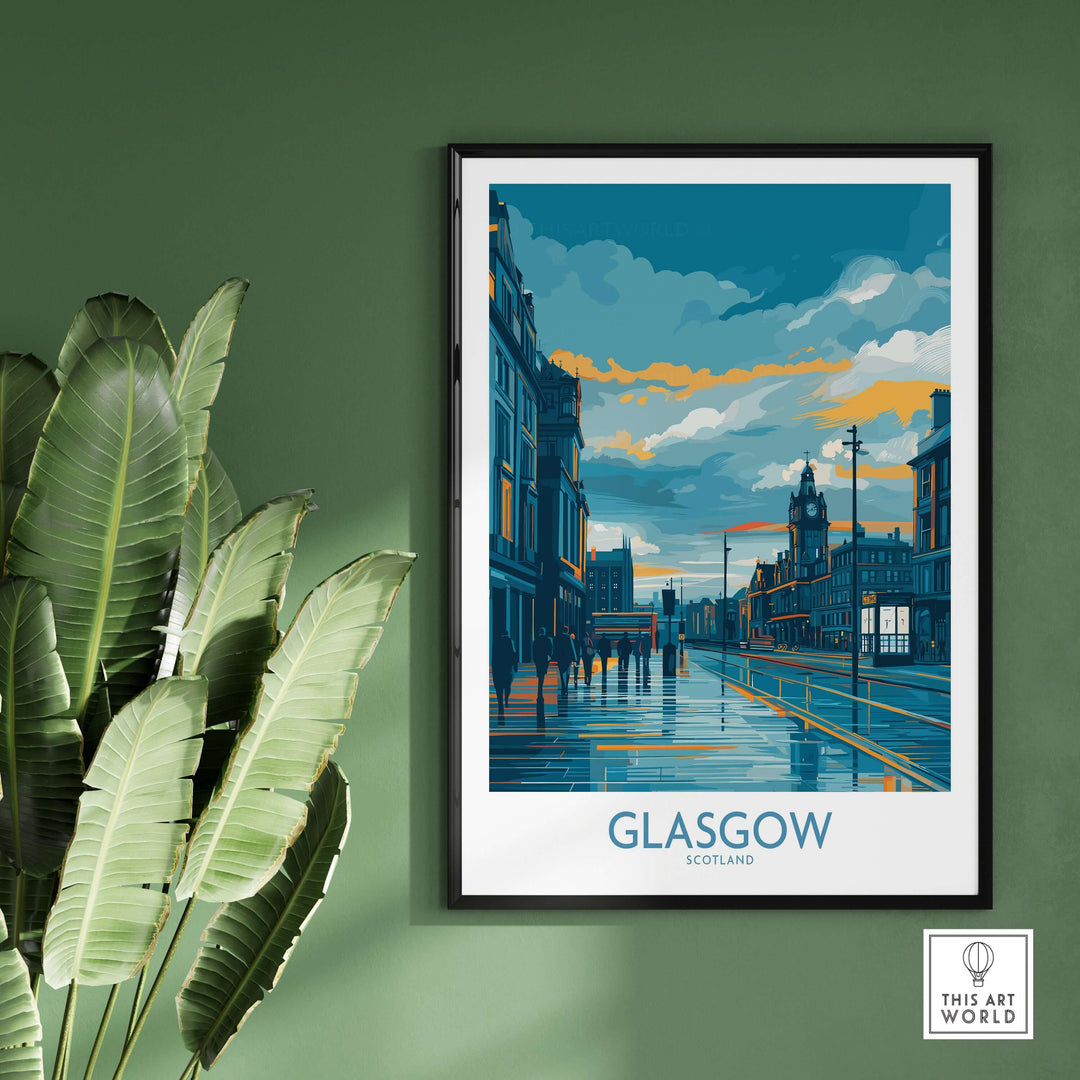 Glasgow Clock Tower Cityscape Poster showcasing vibrant urban scenery and historic charm, perfect for Scottish travel décor.