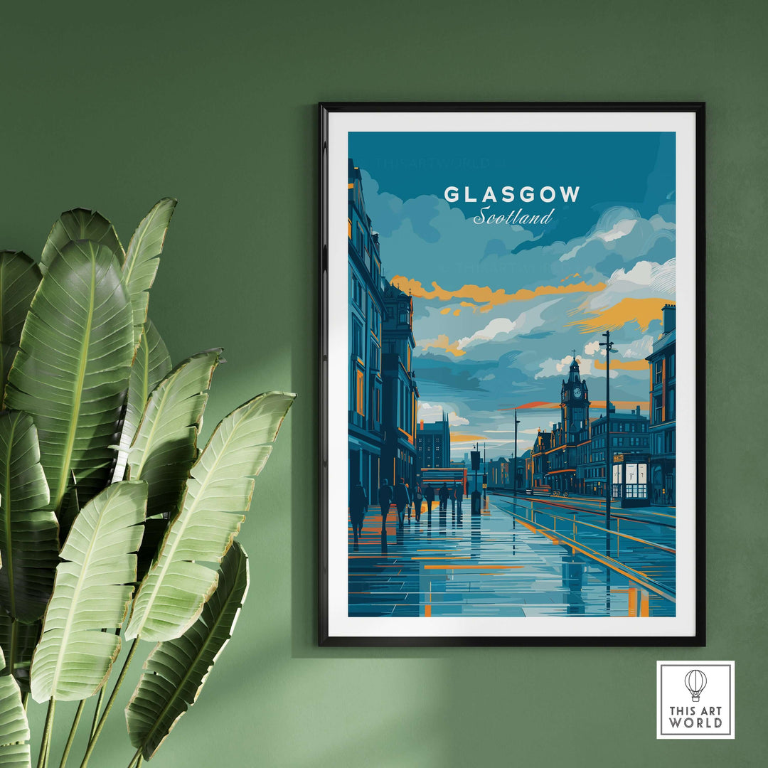 Glasgow City Street at Dusk print featuring vibrant colors and reflections, perfect for Scotland wall art decor.
