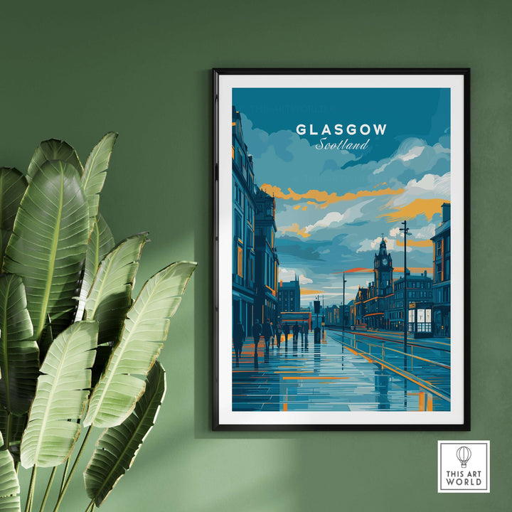 Glasgow City Street at Dusk print featuring vibrant colors and reflections, perfect for Scotland wall art decor.