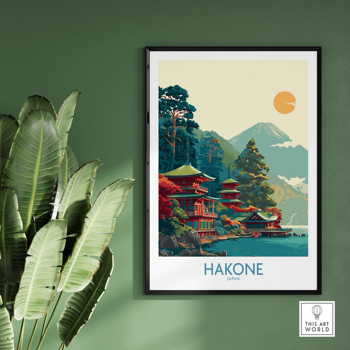 Framed art print of Hakone Japan featuring a traditional pagoda with a serene landscape and mountain backdrop.