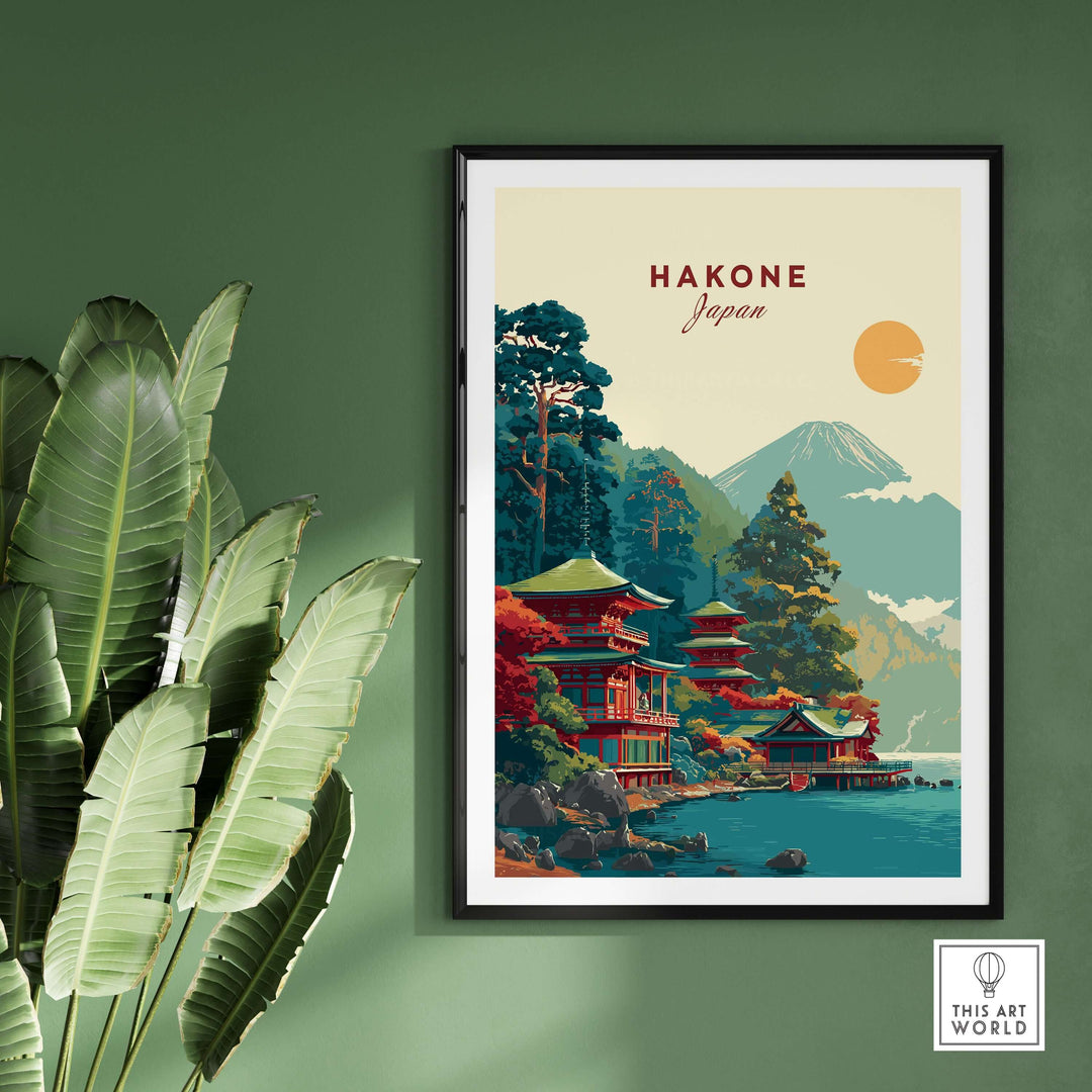 Hakone Japan Lake Ashi Temple print featuring a traditional pagoda and serene landscape, perfect for wall art decor.