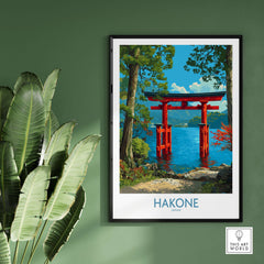 Hakone Japan Iconic Torii Print - Japanese Scenic Landscape Decor featuring a vibrant Torii gate by a tranquil lake.
