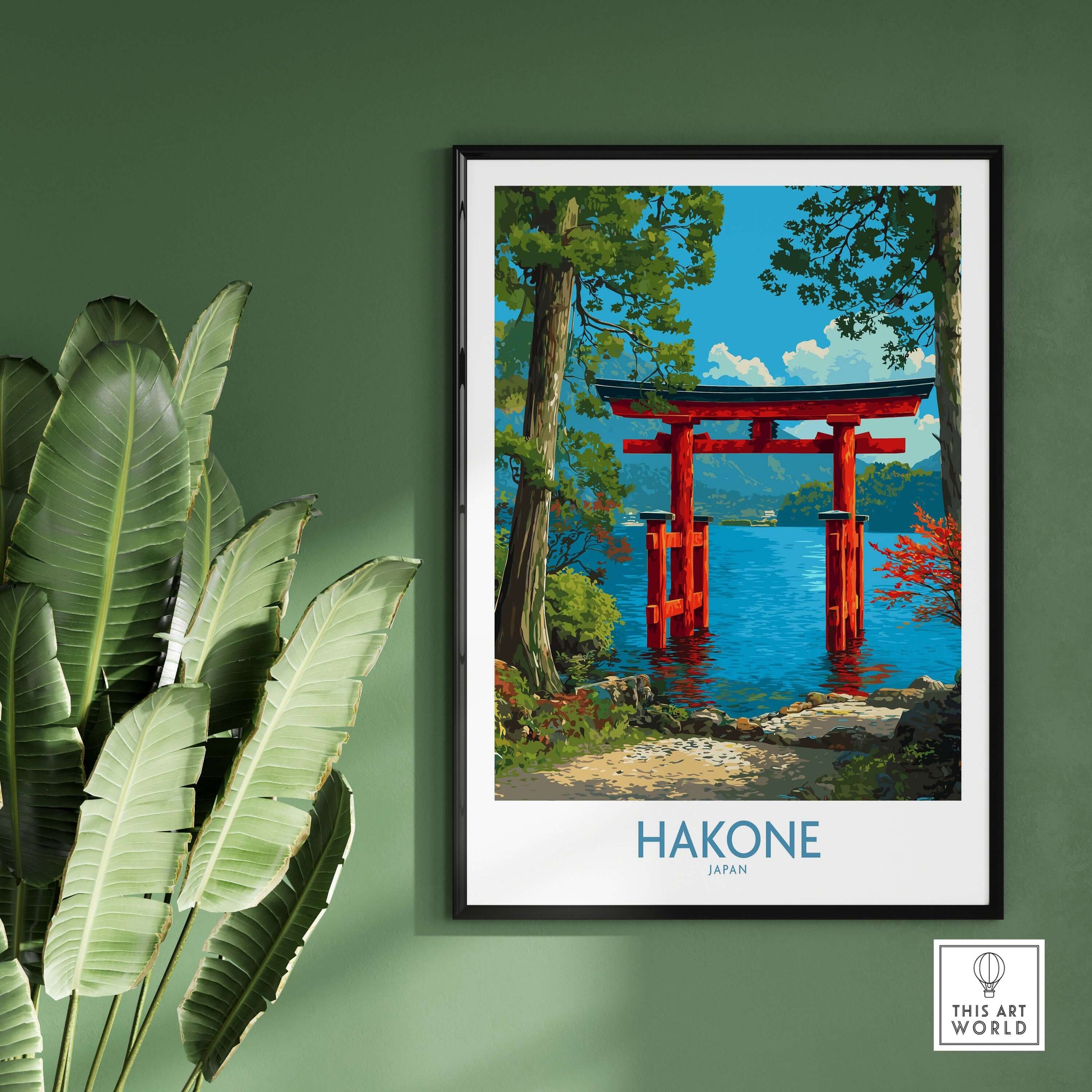 Hakone Japan Iconic Torii Print - Japanese Scenic Landscape Decor featuring a vibrant Torii gate by a tranquil lake.