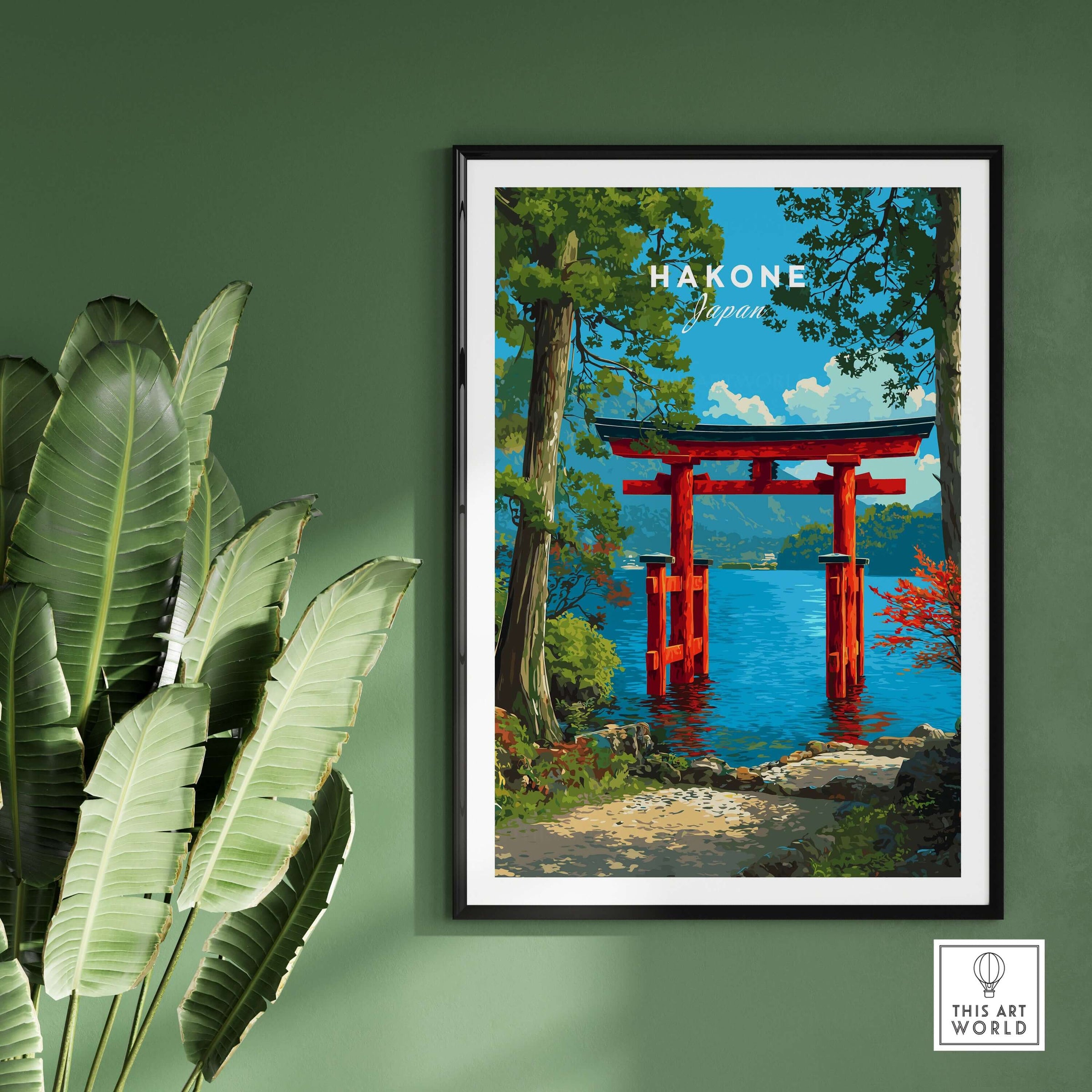 Hakone Japan Lake Ashi Torii Gate Poster - Floating Gate Wall Art displayed in a stylish home setting with greenery.