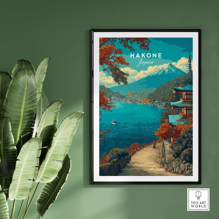 Hakone Print featuring a serene lake view, traditional pagoda, and Mount Fuji against a green backdrop.