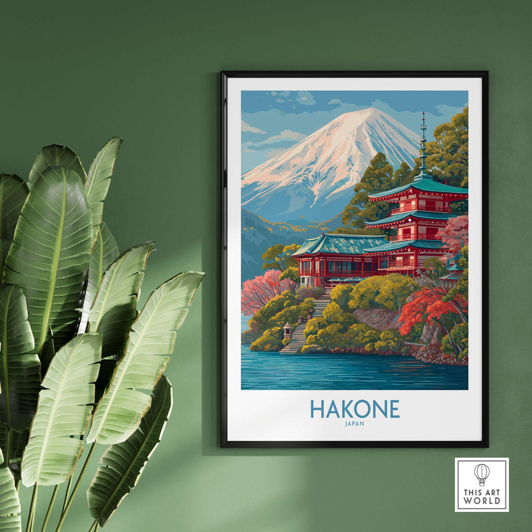 Hakone Japan wall art print featuring a scenic view of Mount Fuji and a traditional pagoda surrounded by lush greenery.