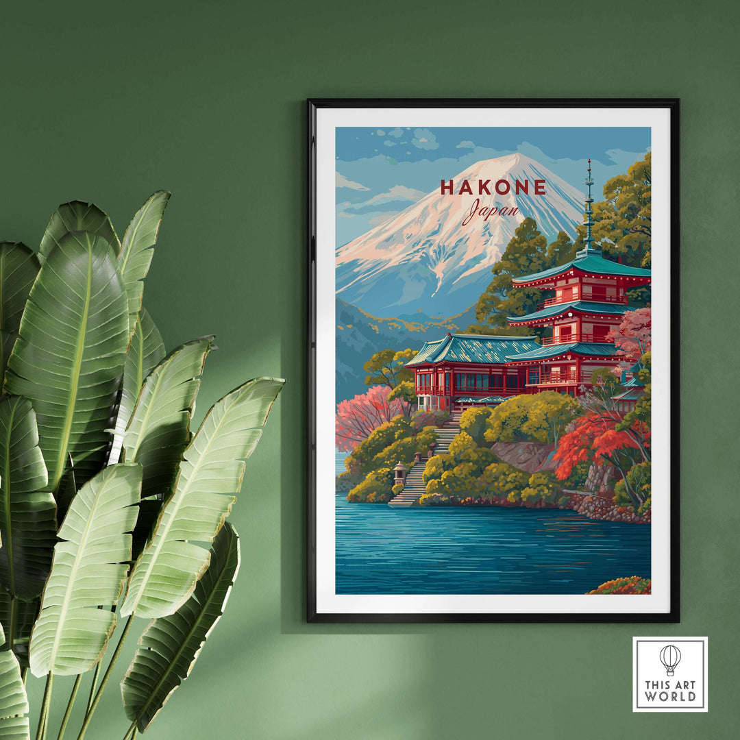 Hakone Japan print featuring Lake Ashi, historic shrine, Mount Fuji, and traditional pagoda on green wall.