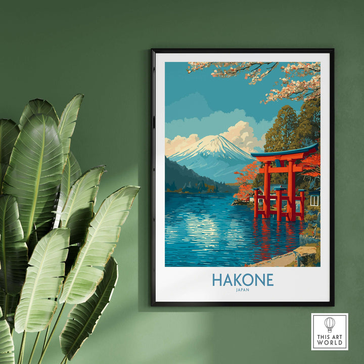 Hakone wall art poster featuring a red Torii gate and serene landscape with Mount Fuji, Japan.