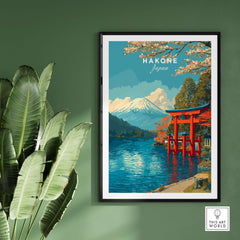HakonePrint Japan Peace Shrine Torii Artwork - Mount Fuji Lake Ashi Poster framed on a green wall.