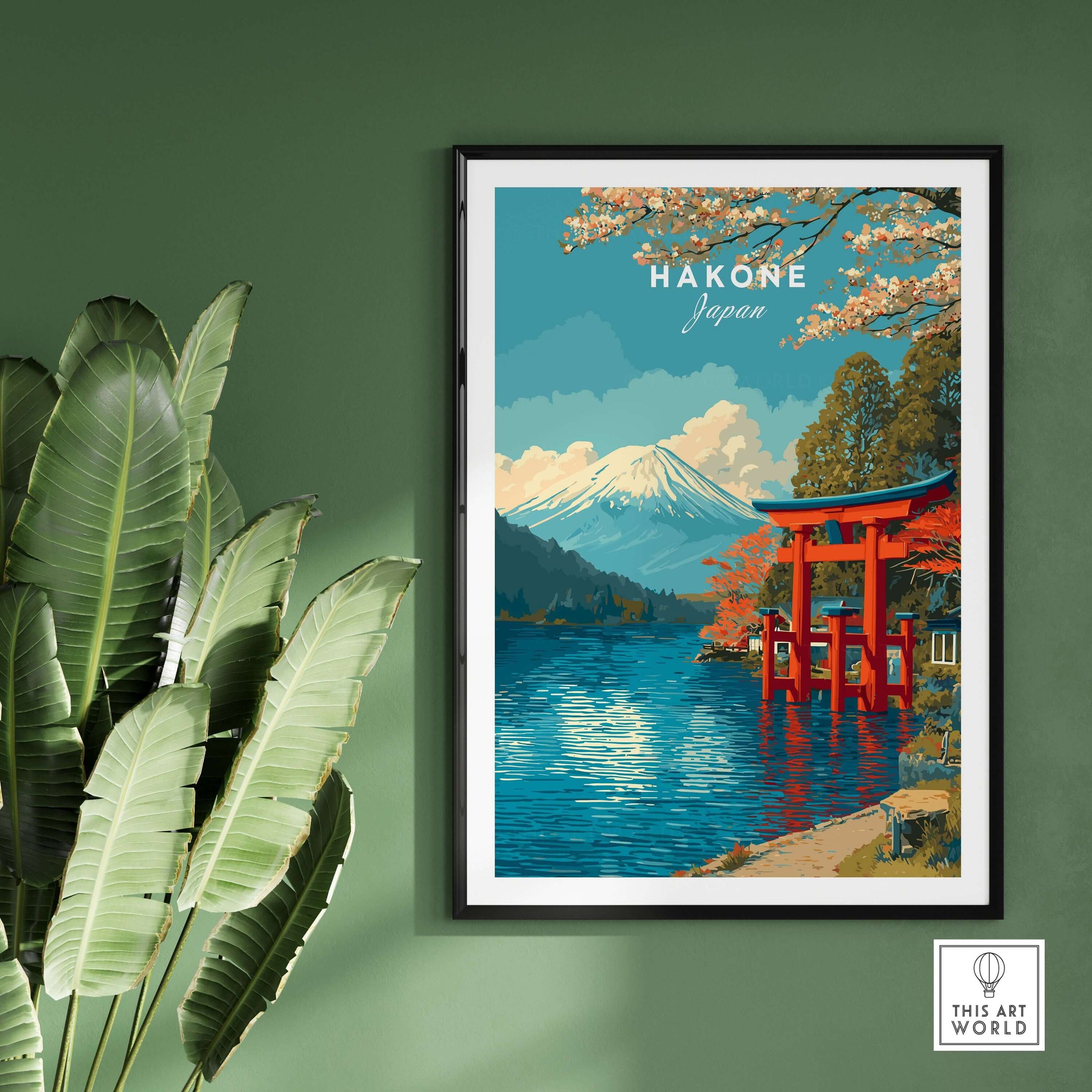 HakonePrint Japan Peace Shrine Torii Artwork - Mount Fuji Lake Ashi Poster framed on a green wall.