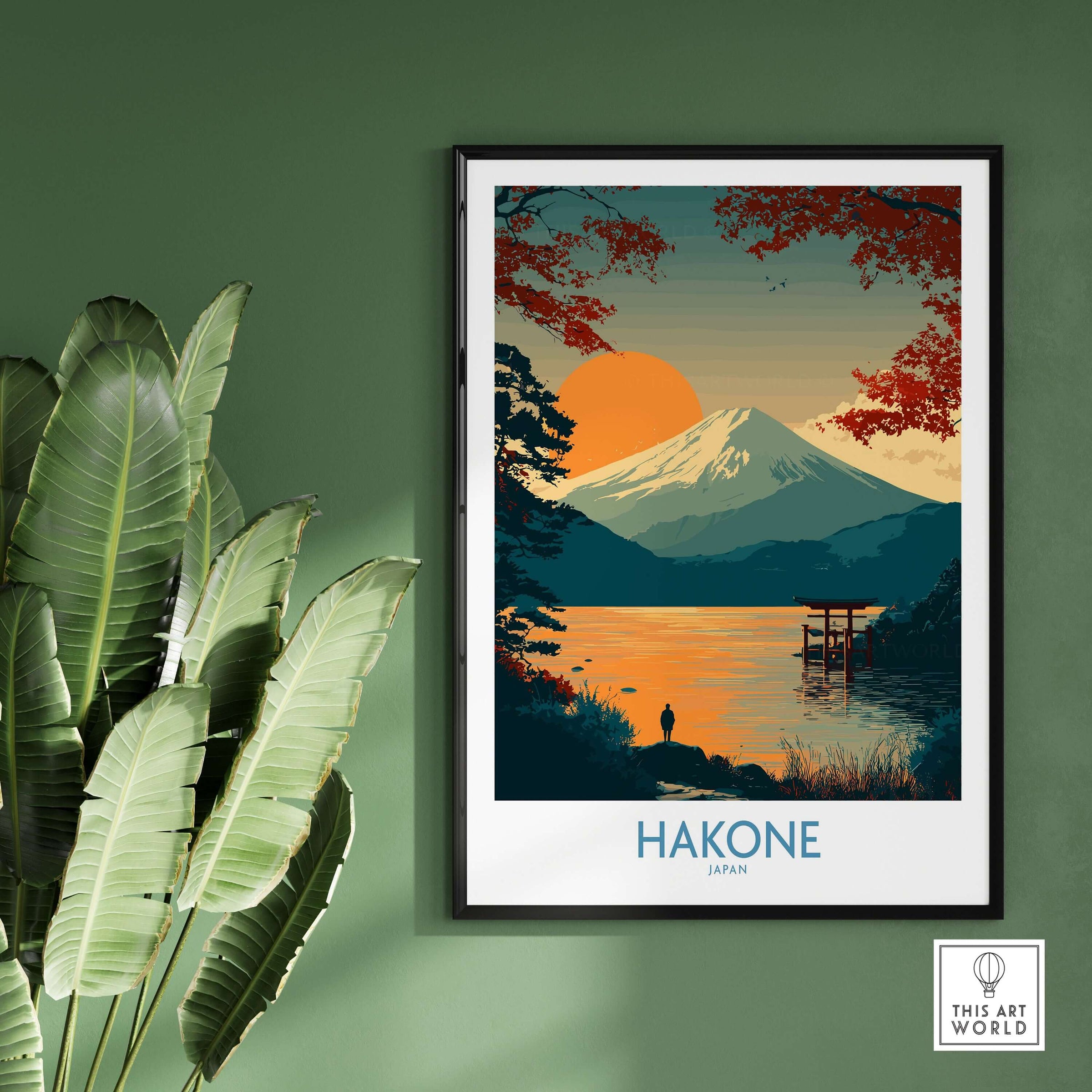 Hakone Japan Wall Art Lake Ashi Print - Japanese Spiritual Poster showcasing Mt. Fuji at sunset with tranquil waters.