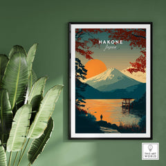 Hakone Japan Torii Gate Sunset Poster - Mount Fuji Lake Scene Print on display with greenery in background.