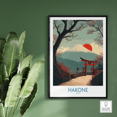 Hakone Japan Peace Gate Shrine Wall Art - Autumn Cherry Blossom Decor featuring a scenic landscape with mountains and cherry blossoms.