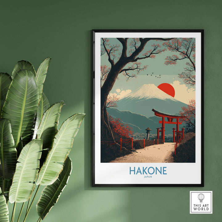 Hakone Japan Peace Gate Shrine wall art featuring autumn cherry blossoms and Mount Fuji backdrop.
