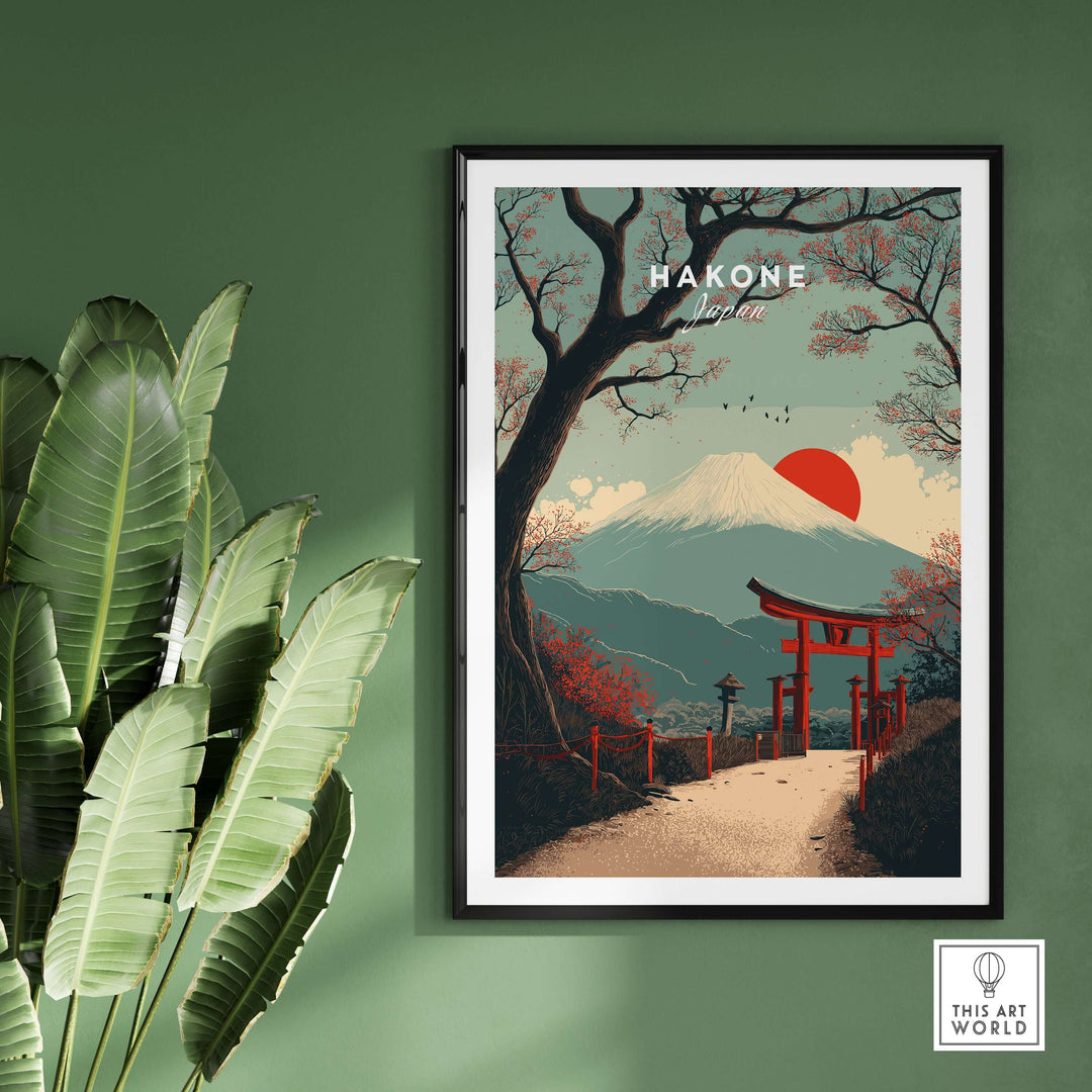 Hakone Japan Torii gate and Mount Fuji print in a framed poster, highlighting Japanese culture and landscape beauty.