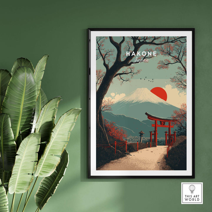 Hakone Japan Torii gate and Mount Fuji print in a framed poster, highlighting Japanese culture and landscape beauty.