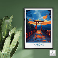 Hakone Wall Art - Japan Travel Poster showcasing a vibrant sunset over a torii gate and serene water reflections.